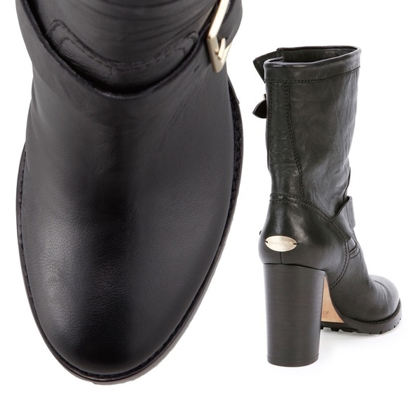 Jimmy Choo Dart Biker Black Leather Moto Combat Mid-Calf Buckle Bootie - Picture 11 of 16